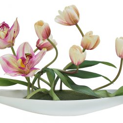 Декор.цветы "Тюльпаны св. с орхидеями" на керам подставке 39х16х26см