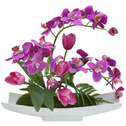 Декор.цветы "Орхидея сиреневая c тюльпанами" на керам подставке 41х23х35см